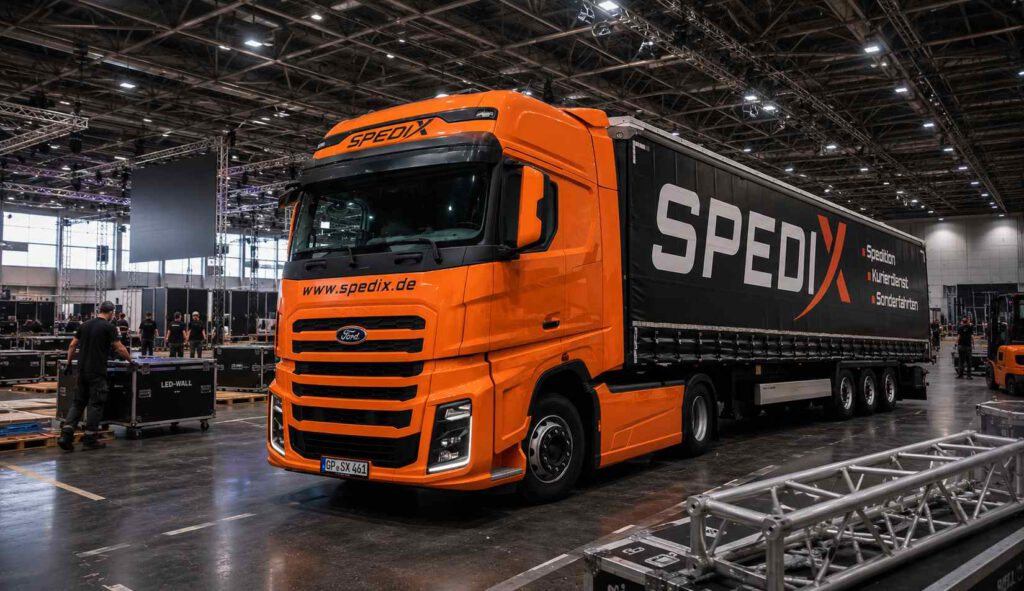 Professionelle Messelogistik der Spedix GmbH: Ein LKW Tautliner beim zeitkritischen Slot-Management direkt in der Messehalle.