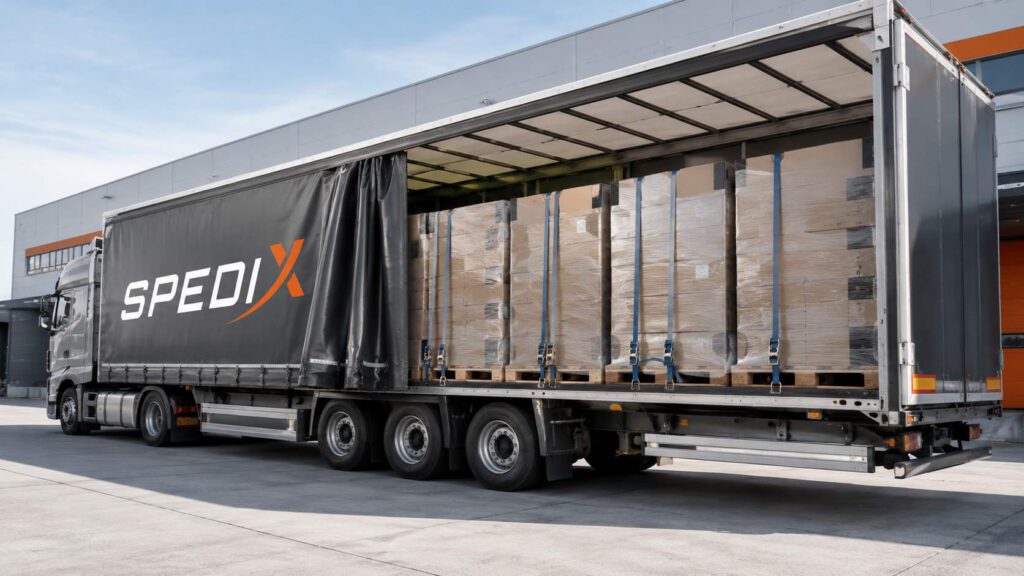 Ein geöffneter Spedix GmbH Planen-LKW Tautliner beladen mit Industrie-Paletten zur Ladungssicherung nach VDI 2700.